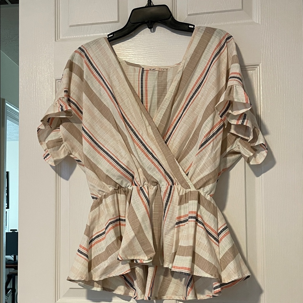 Ladies Striped Peplum Faux Wrap Top